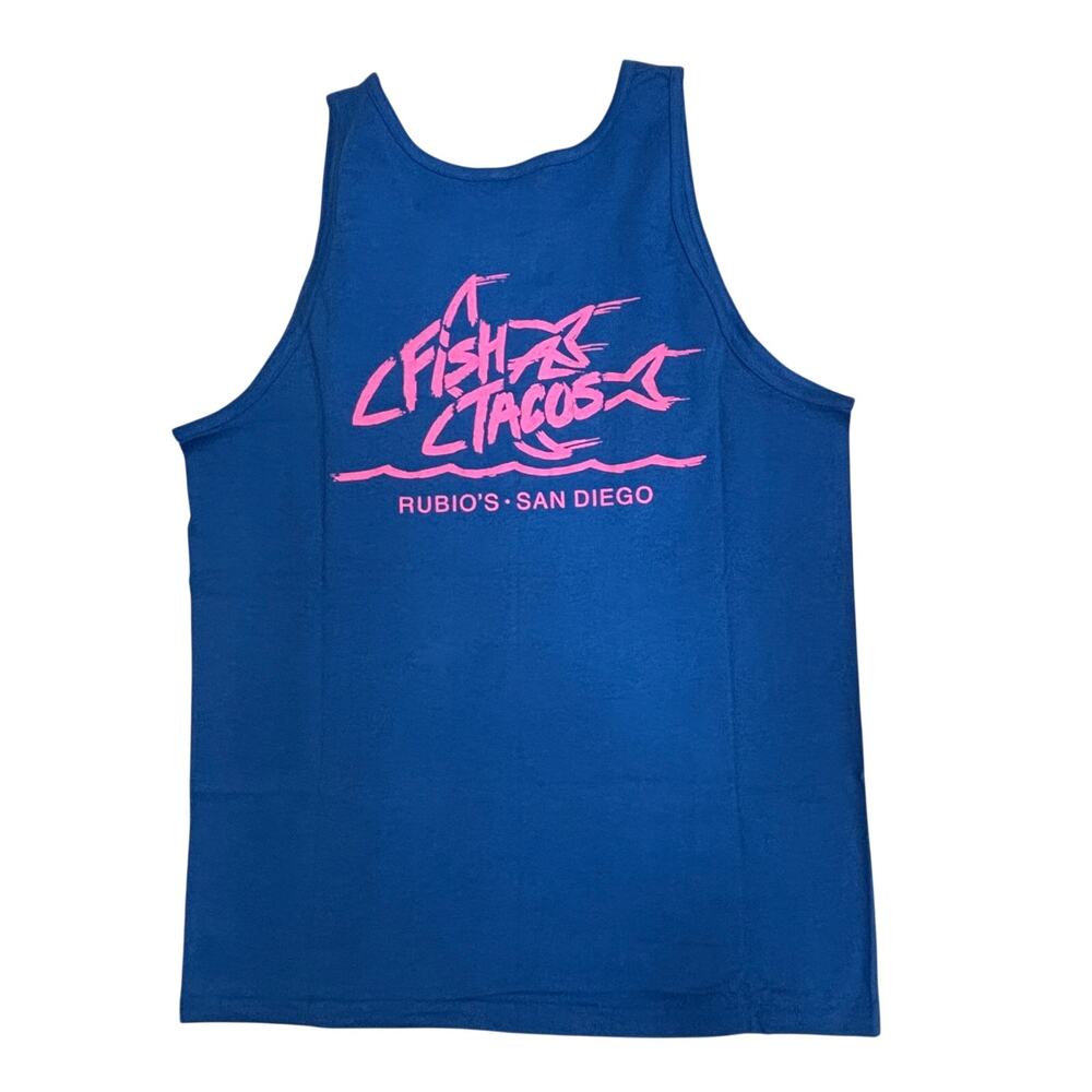 Vintage Rubio's San Diego Fish Tacos Shirt Tank Top Mens Large Blue Neon 90s
